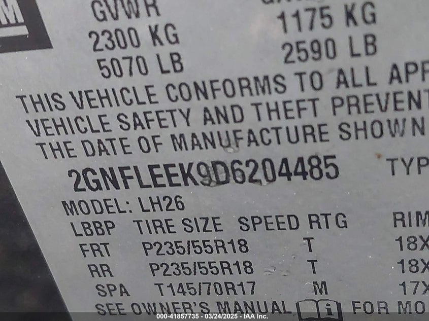 2013 Chevrolet Equinox 1Lt VIN: 2GNFLEEK9D6204485 Lot: 41857735