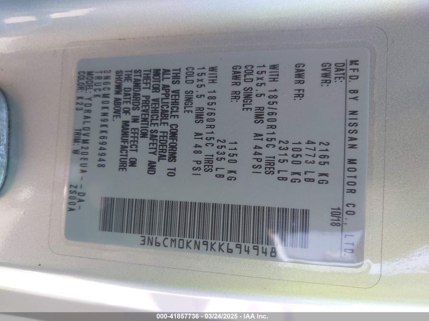 2019 NISSAN NV200 S 3N6CM0KN9KK694948