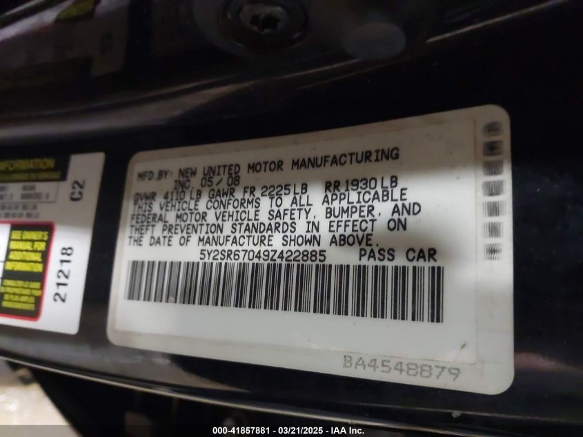 2009 Pontiac Vibe Gt VIN: 5Y2SR67049Z422885 Lot: 41857881