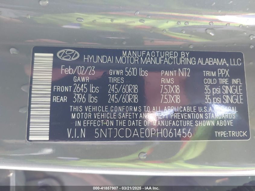 2023 Hyundai Santa Cruz Sel VIN: 5NTJCDAE0P8061456 Lot: 41857907