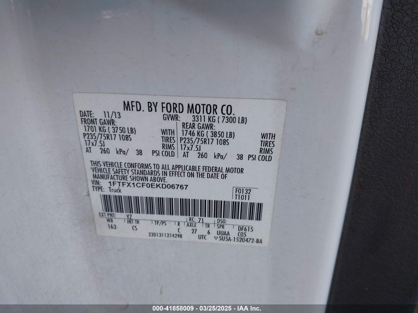 2014 FORD F-150 VIN: 1FTFX1CF0EKD06767