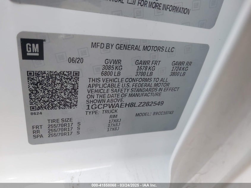 2020 CHEVROLET SILVERADO 1500 VIN: 1GCPWAEH8LZ282549