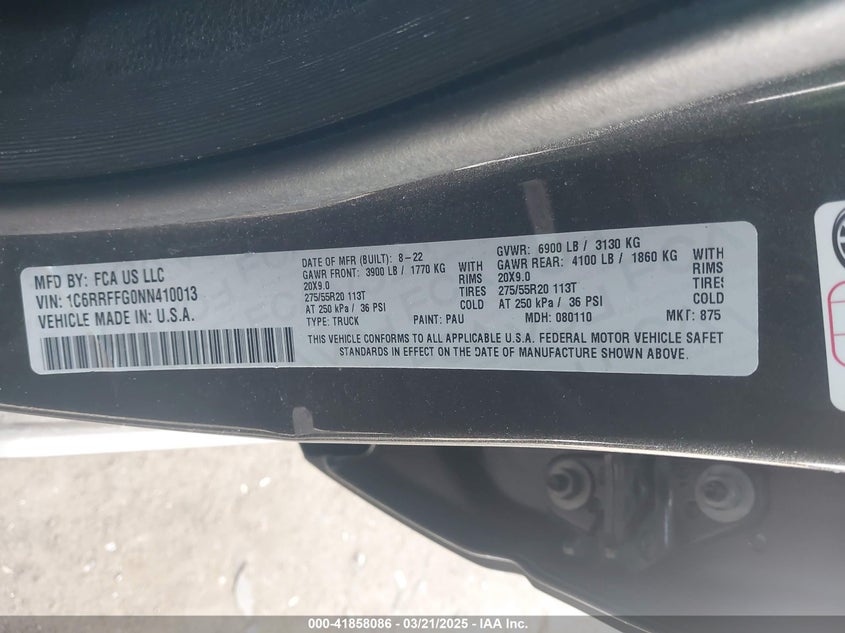 2022 RAM 1500 VIN: 1C6RRFFG0NN410013