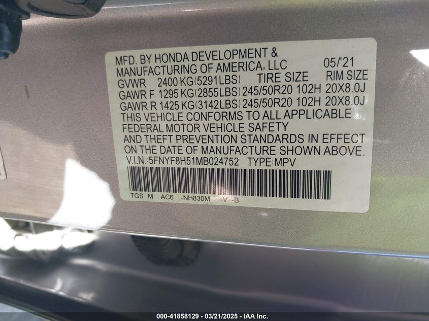VIN 5FNYF8H51MB024752 2021 HONDA PASSPORT AWD EX-L