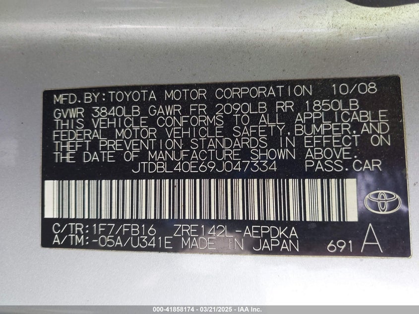 2009 TOYOTA COROLLA VIN: JTDBL40E69J047334