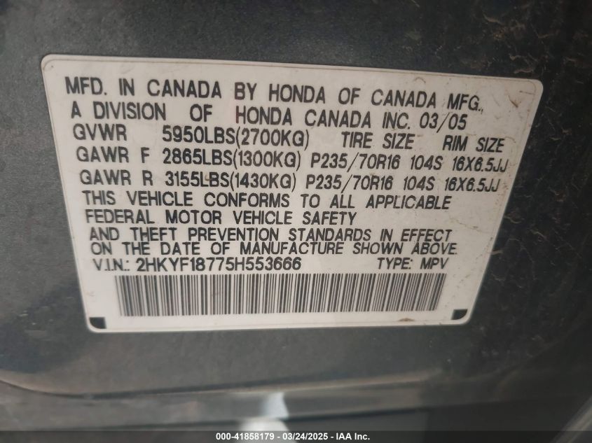 2005 Honda Pilot Ex-L VIN: 2HKYF18775H553666 Lot: 41858179