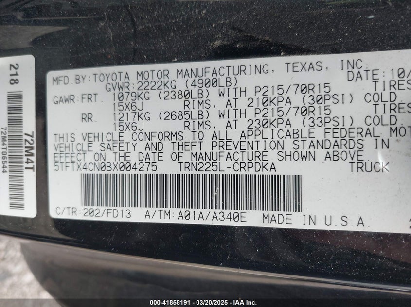 2011 Toyota Tacoma VIN: 5TFTX4CN0BX004275 Lot: 41858191