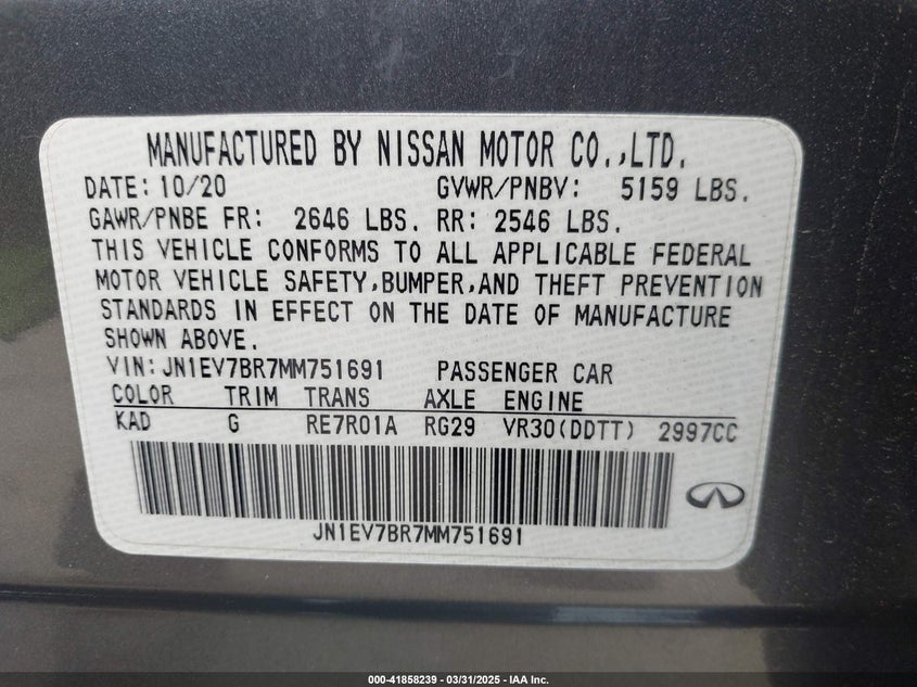 2021 INFINITI Q50 VIN: JN1EV7BR7MM751691