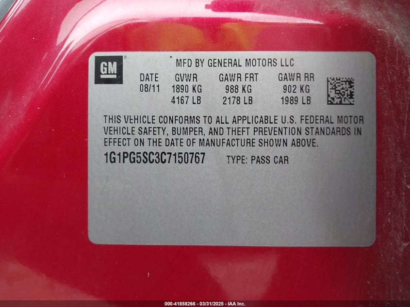 2012 CHEVROLET CRUZE VIN: 1G1PG5SC3C7150767
