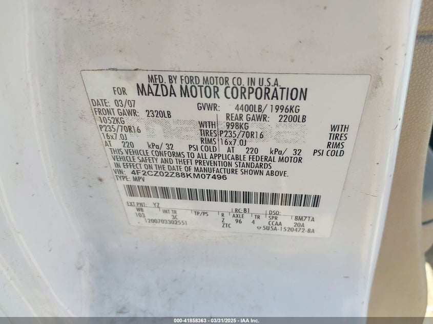 2008 MAZDA TRIBUTE VIN: 4F2CZ02Z88KM07496