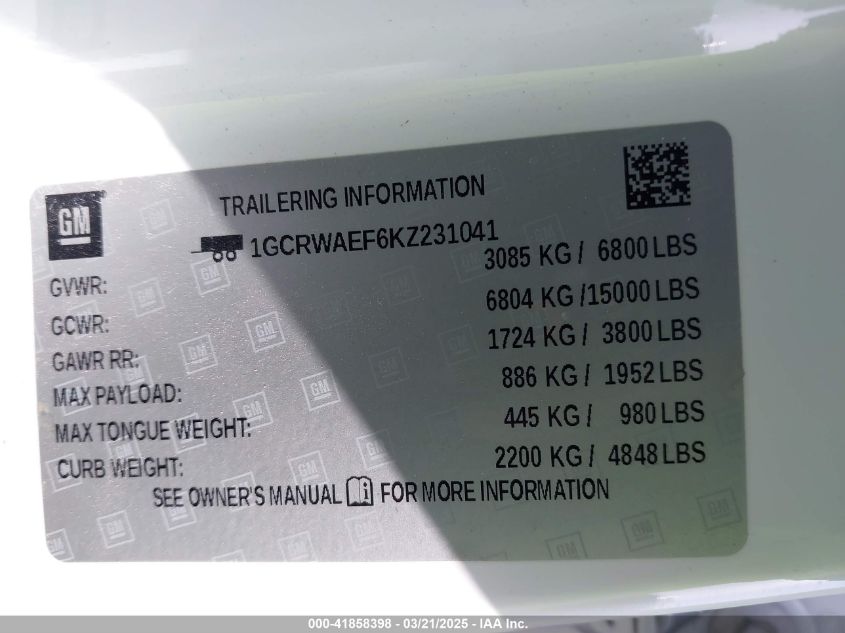 2019 Chevrolet Silverado 1500 Work Truck VIN: 1GCRWAEF6KZ231041 Lot: 41858398