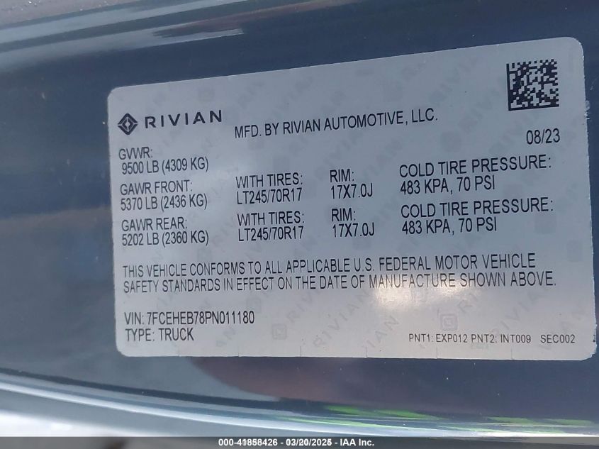 2023 Rivian Delivery 700 VIN: 7FCEHEB78PN011180 Lot: 41858426