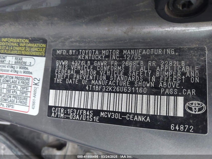 2006 TOYOTA CAMRY VIN: 4T1BF32K26U631160