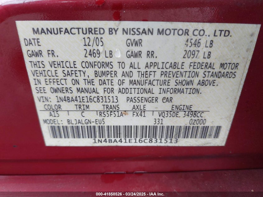 2006 NISSAN MAXIMA VIN: 1N4BA41E16C831513