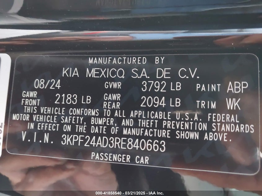 2024 KIA FORTE VIN: 3KPF24AD3RE840663