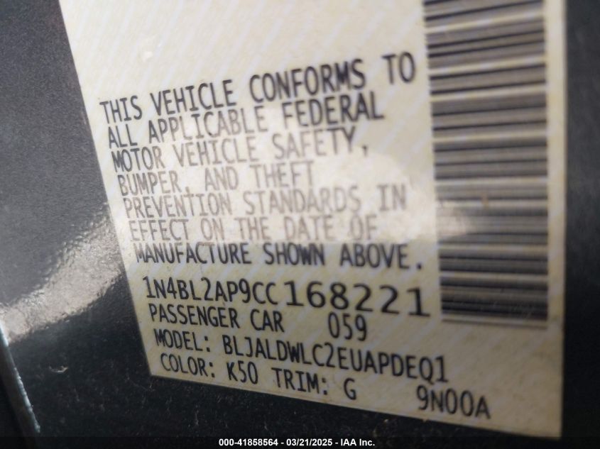 2012 Nissan Altima 3.5 Sr VIN: 1N4BL2AP9CC168221 Lot: 41858564