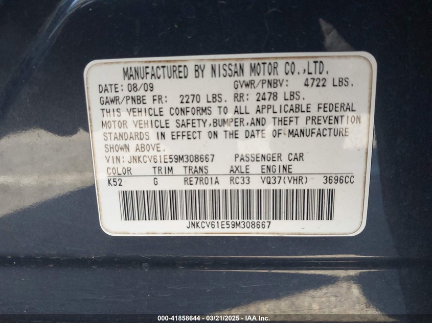 2009 INFINITI G37 VIN: JNKCV61E59M308667