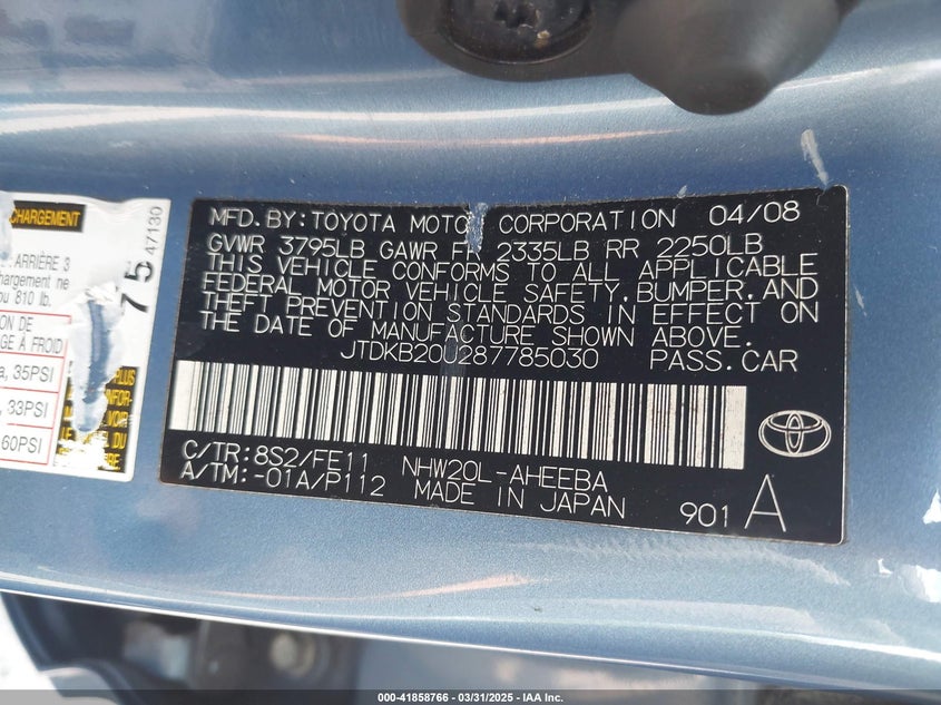 2008 TOYOTA PRIUS VIN: JTDKB20U287785030