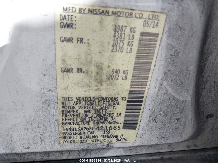 2014 NISSAN ALTIMA VIN: 1N4BL3AP6EC421665