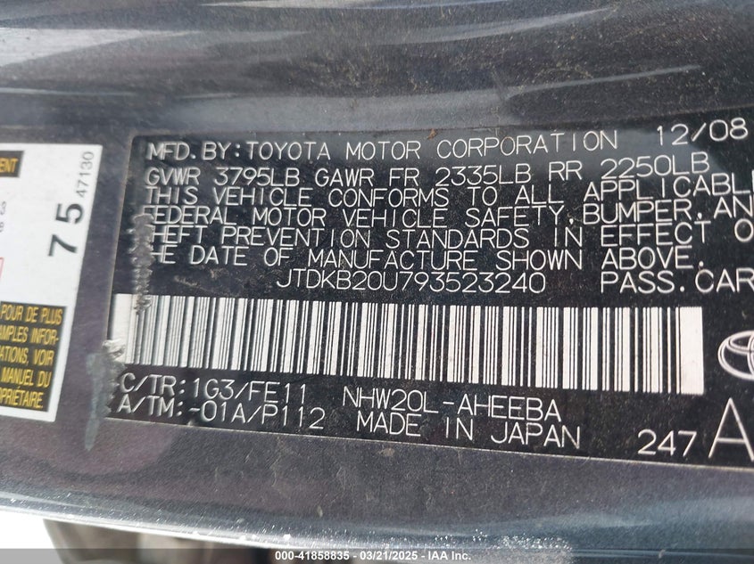 2009 TOYOTA PRIUS VIN: JTDKB20U793523240