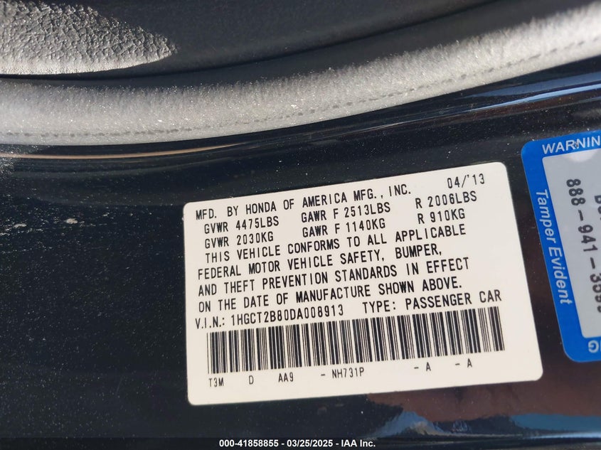 2013 HONDA ACCORD VIN: 1HGCT2B80DA008913