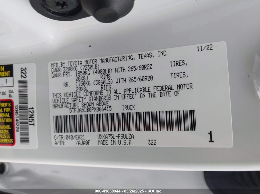 2023 TOYOTA TUNDRA VIN: 5TFJA5DB0PX066415