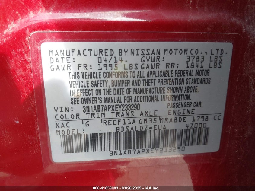 2014 NISSAN SENTRA VIN: 3N1AB7APXEY233290