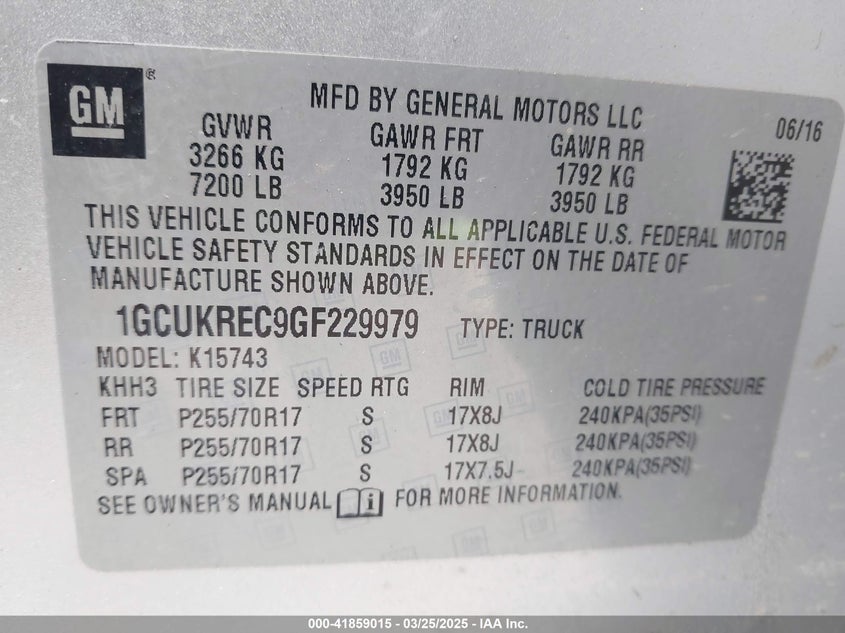 2016 CHEVROLET SILVERADO 1500 VIN: 1GCUKREC9GF229979