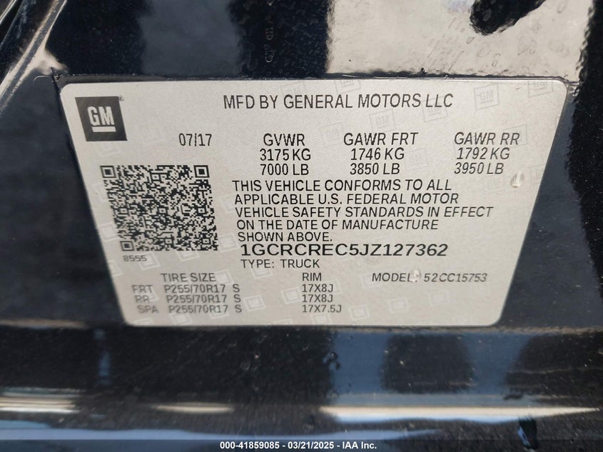 2018 CHEVROLET SILVERADO 1500 VIN: 1GCRCREC5JZ127362