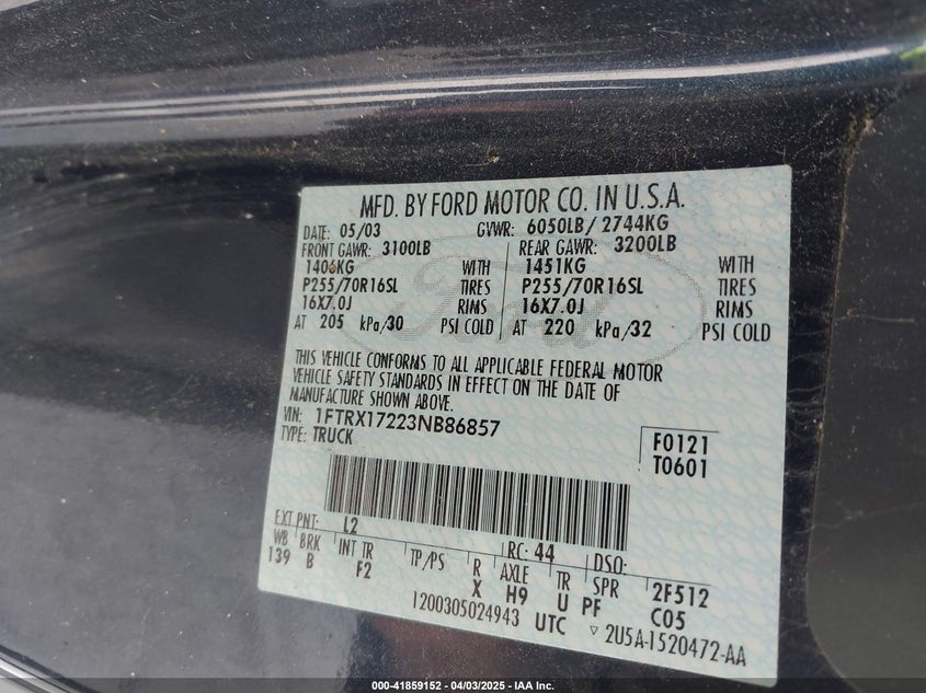2003 Ford F-150 Xl/Xlt VIN: 1FTRX17223NB86857 Lot: 41859152