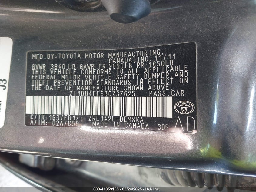 2011 TOYOTA COROLLA VIN: 2T1BU4EE6BC737625