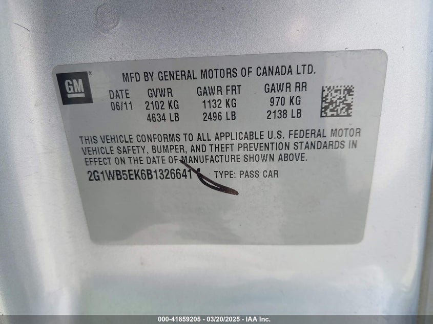 2011 CHEVROLET IMPALA VIN: 2G1WB5EK6B1326641