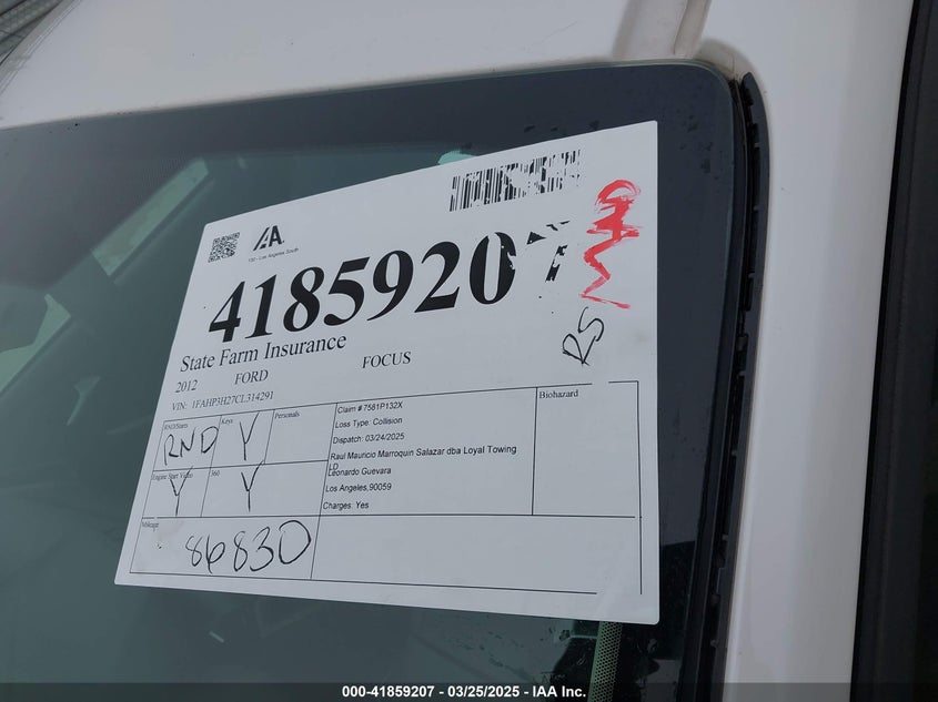 2012 FORD FOCUS VIN: 1FAHP3H27CL314291