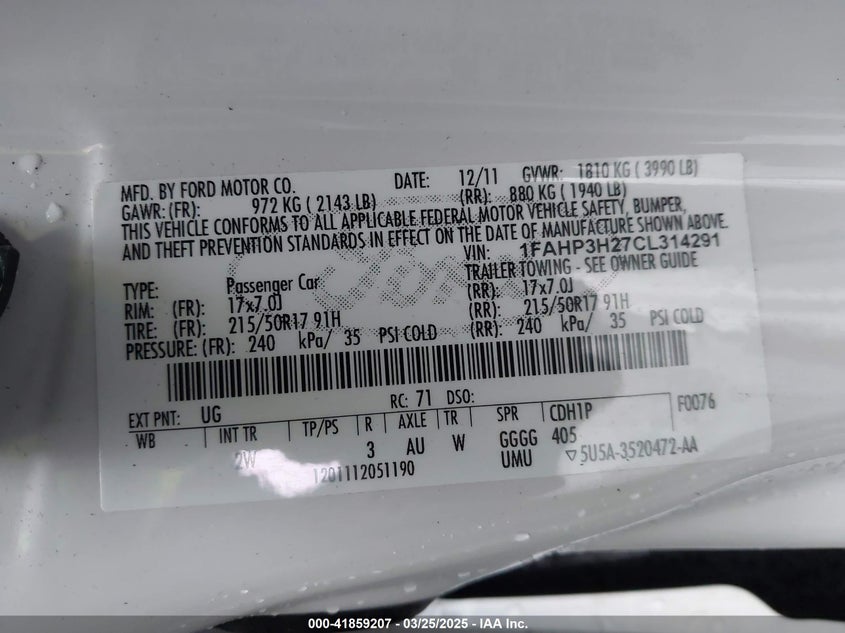 2012 FORD FOCUS VIN: 1FAHP3H27CL314291