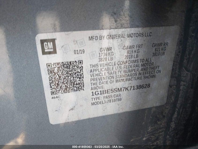 2019 CHEVROLET CRUZE VIN: 1G1BE5SM7K7138628