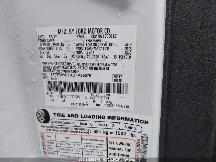 2013 FORD F-150 VIN: 1FTFW1EFXDFA99876