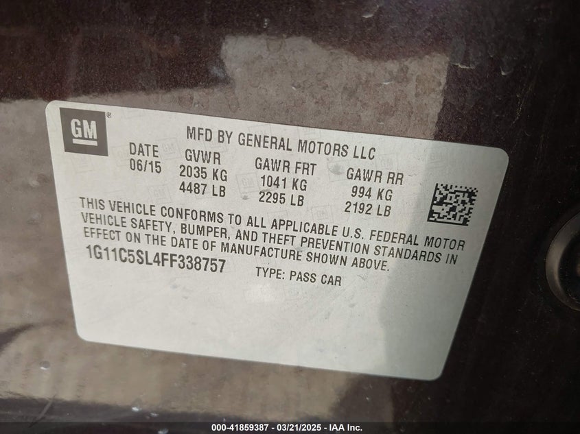 2015 CHEVROLET MALIBU VIN: 1G11C5SL4FF338757