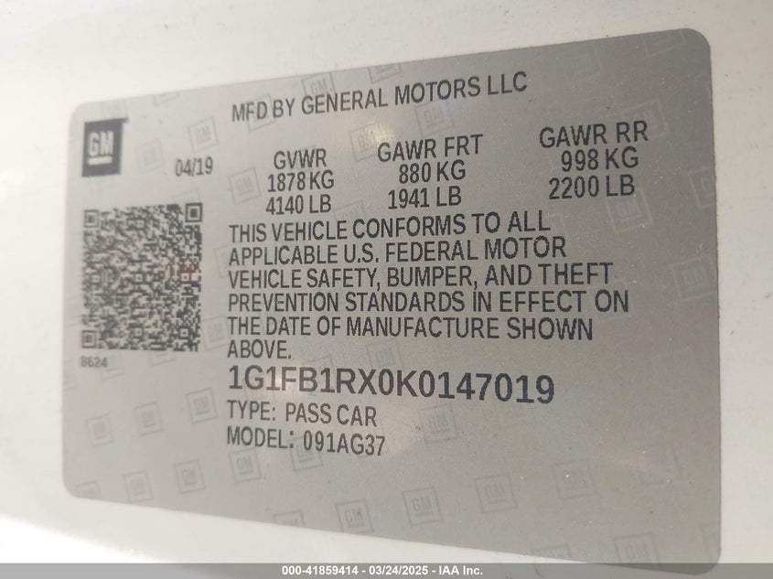 2019 CHEVROLET CAMARO VIN: 1G1FB1RX0K0147019