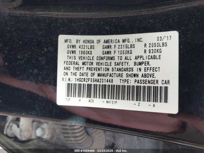 2017 HONDA ACCORD VIN: 1HGCR2F55HA201448