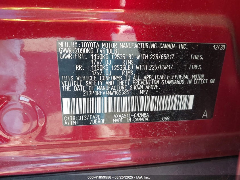 2021 TOYOTA RAV4 VIN: 2T3P1RFV4MW165585