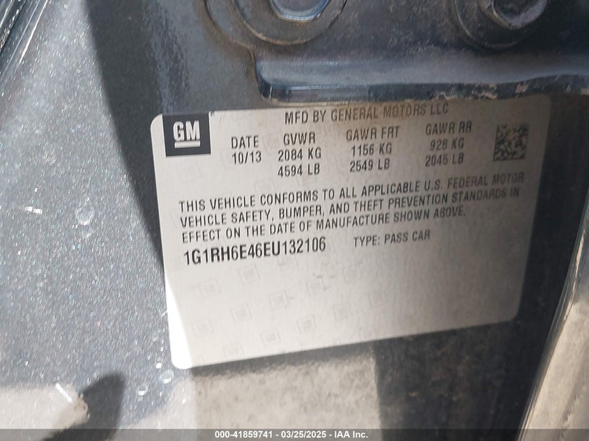 2014 CHEVROLET VOLT VIN: 1G1RH6E46EU132106