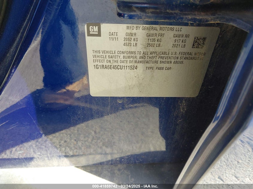 2012 CHEVROLET VOLT VIN: 1G1RA6E45CU111524