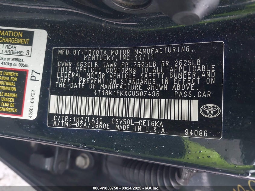 2012 TOYOTA CAMRY VIN: 4T1BK1FKXCU507496