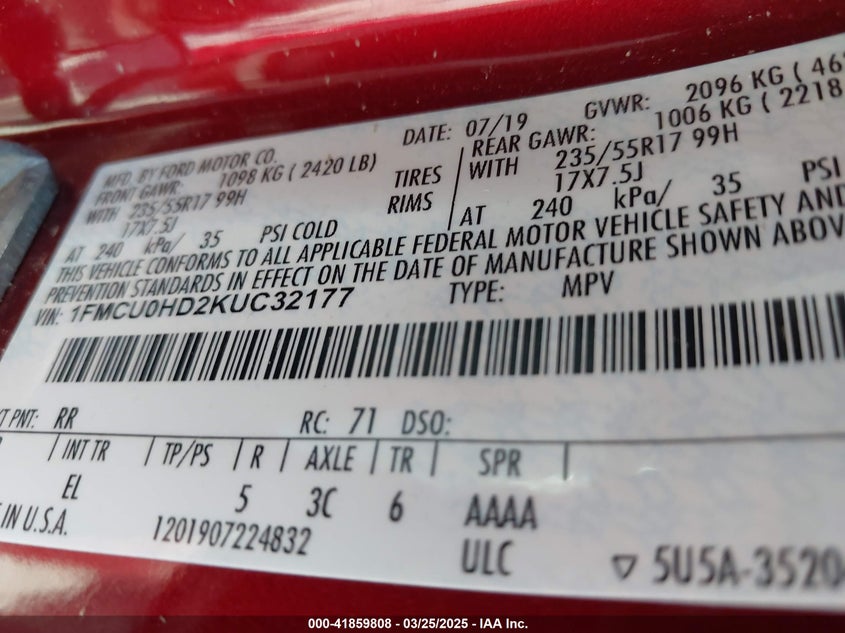 2019 FORD ESCAPE VIN: 1FMCU0HD2KUC32177