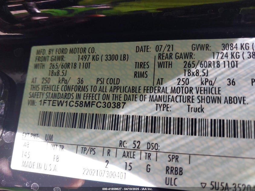 VIN 1FTEW1C58MFC30387 2021 FORD F-150 XLT
