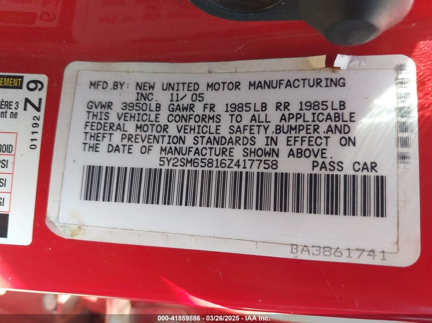 2006 PONTIAC VIBE VIN: 5Y2SM65816Z417758