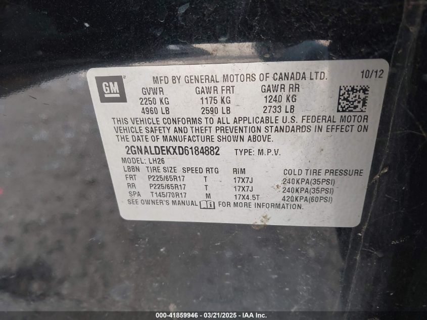 2013 Chevrolet Equinox 1Lt VIN: 2GNALDEKXD6184882 Lot: 41859946