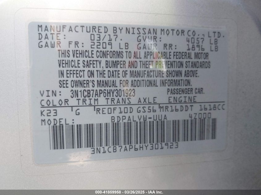 2017 Nissan Sentra Nismo VIN: 3N1CB7AP6HY301923 Lot: 41859958