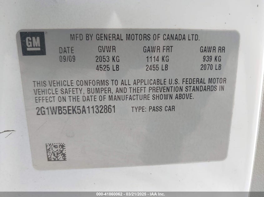 2010 CHEVROLET IMPALA VIN: 2G1WB5EK5A1132861