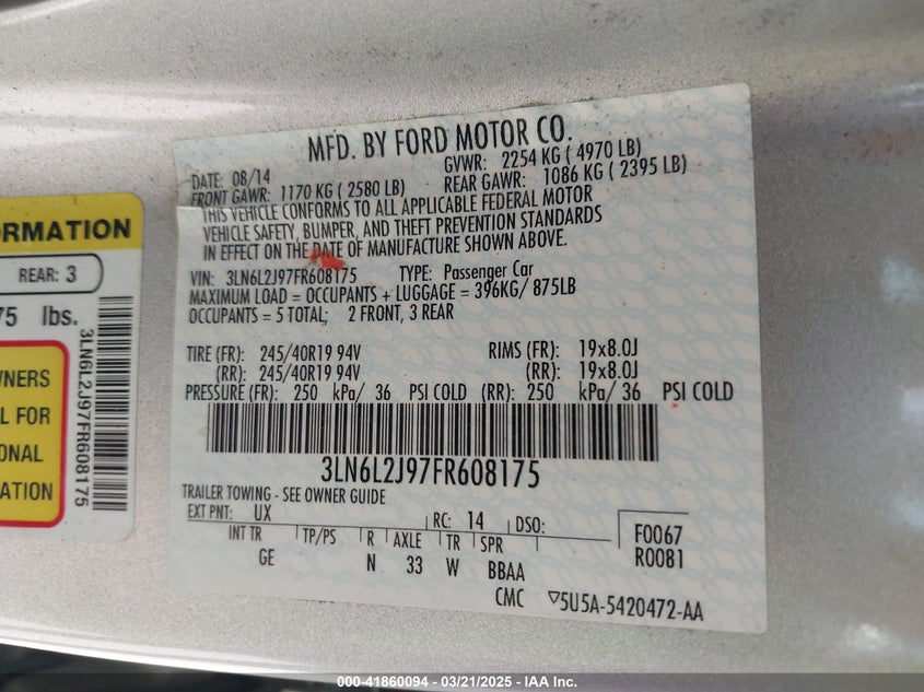 2015 LINCOLN MKZ VIN: 3LN6L2J97FR608175